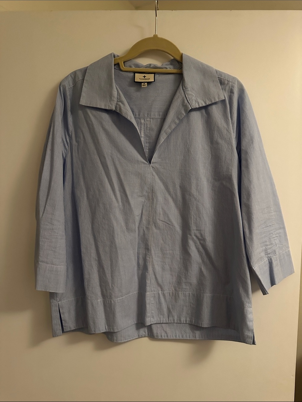 Tuckernuck Light Blue Pinstripes Women's V-Neck Collared Blouse